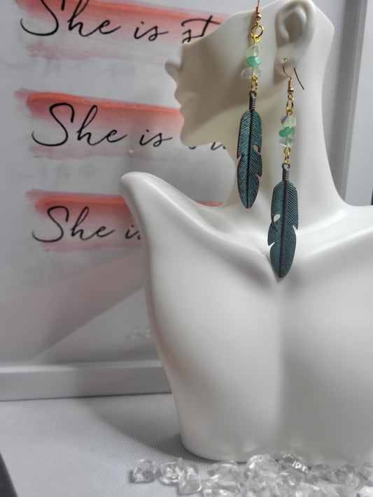 Green & gold feather earrings